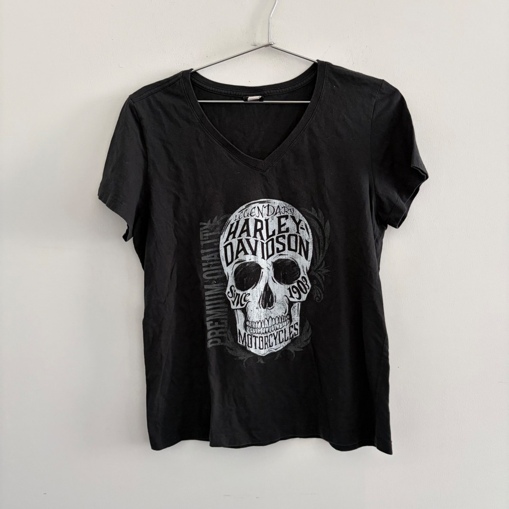 Harley Davidson Womens XL Black Skull V-Neck Graphic T-Shirt Conrads Joliet IL
